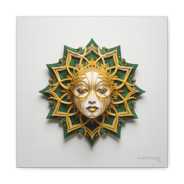 Canvas Gallery Wrap Tribal Mask Mandala, Green and Gold - "Helio" - Image 5