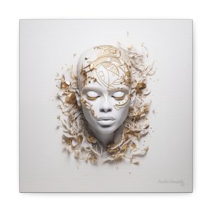 Canvas Gallery Wrap Tribal Mask Mandala, White and Gold - "Mesmeric"