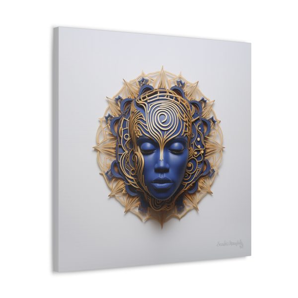 Canvas Gallery Wrap Tribal Mask Mandala, Blue and Gold - "Weaver" - Image 26