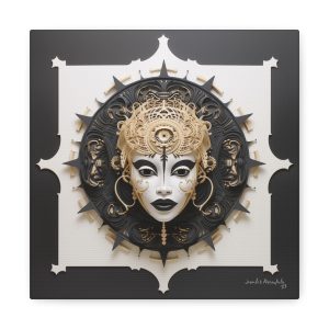 Canvas Gallery Wrap Tribal Mask Mandala, Black and Gold - "Herald"