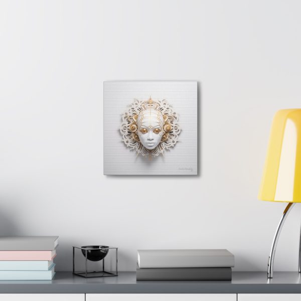 Canvas Gallery Wrap Tribal Mask Mandala, White and Gold - "Enigma" - Image 8