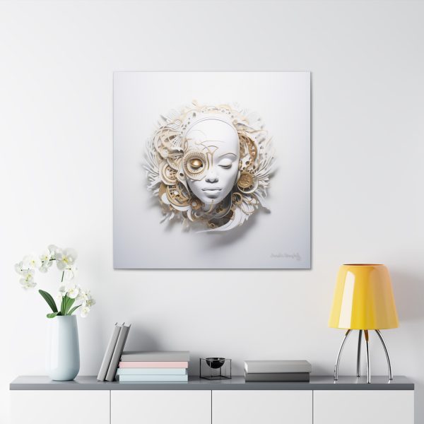 Canvas Gallery Wrap Tribal Mask Mandala, White and Gold - "Horology" - Image 32