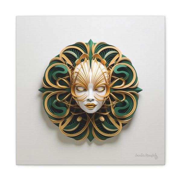 Canvas Gallery Wrap Tribal Mask Mandala, Green and Gold - "Phoebus" - Image 9