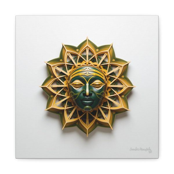 Canvas Gallery Wrap Tribal Mask Mandala, Green and Gold - "Sol" - Image 5