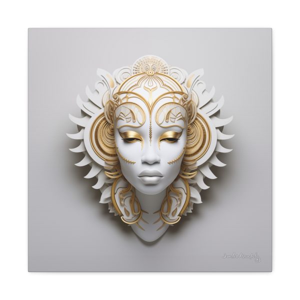 Canvas Gallery Wrap Tribal Mask Mandala, White and Gold - "Ember" - Image 21