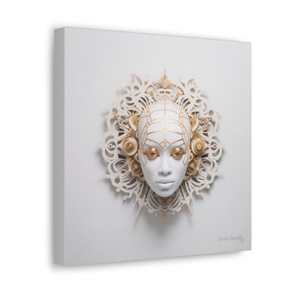 Canvas Gallery Wrap Tribal Mask Mandala, White and Gold - "Enigma" - Image 6