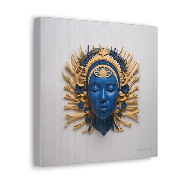 Canvas Gallery Wrap Tribal Mask Mandala, Blue and Gold - "Osseous" - Image 6