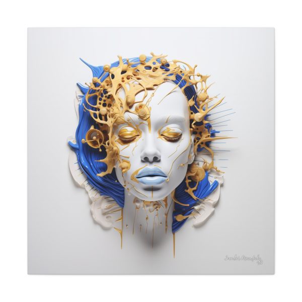 Canvas Gallery Wrap Tribal Mask Mandala, Blue and Gold - "Cascade" - Image 29