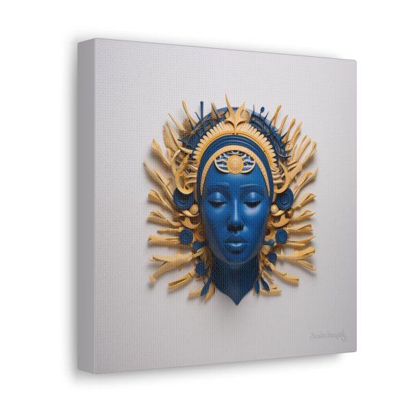 Canvas Gallery Wrap Tribal Mask Mandala, Blue and Gold - "Osseous" - Image 2