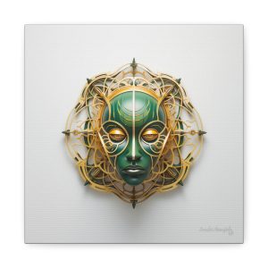 Canvas Gallery Wrap Tribal Mask Mandala, Green and Gold - "Tesselate"