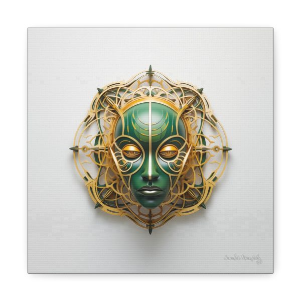 Canvas Gallery Wrap Tribal Mask Mandala, Green and Gold - "Tesselate"