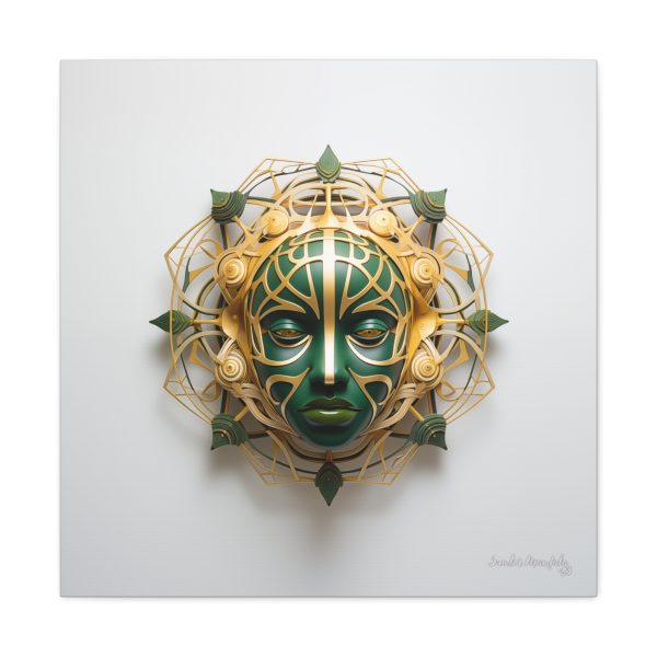 Canvas Gallery Wrap Tribal Mask Mandala, Green and Gold - "Fiber" - Image 25