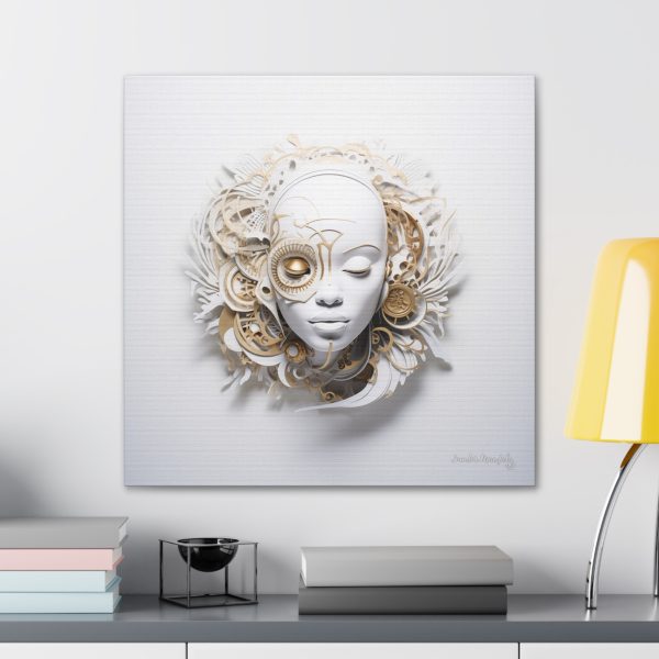 Canvas Gallery Wrap Tribal Mask Mandala, White and Gold - "Horology" - Image 28