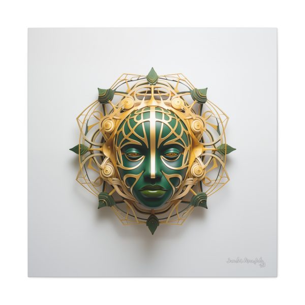 Canvas Gallery Wrap Tribal Mask Mandala, Green and Gold - "Fiber" - Image 29