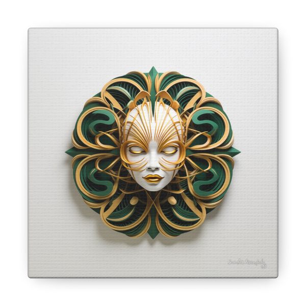 Canvas Gallery Wrap Tribal Mask Mandala, Green and Gold - "Phoebus" - Image 17