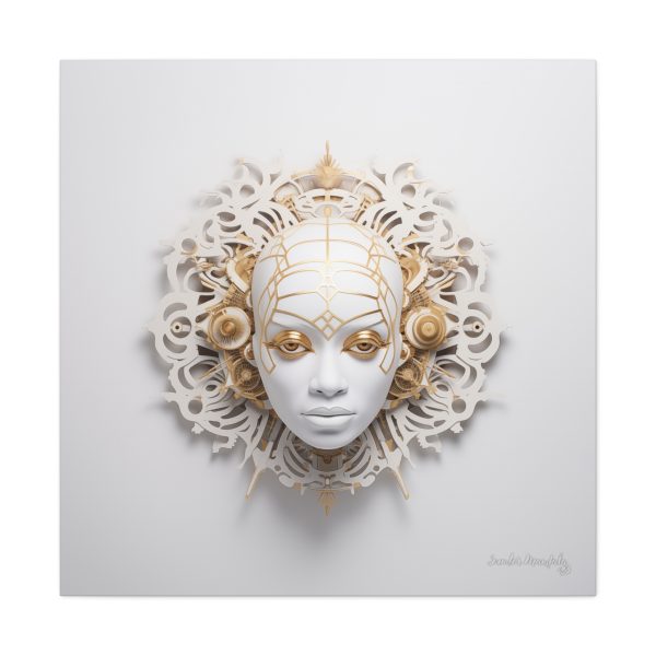 Canvas Gallery Wrap Tribal Mask Mandala, White and Gold - "Enigma" - Image 29
