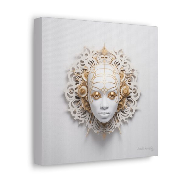 Canvas Gallery Wrap Tribal Mask Mandala, White and Gold - "Enigma" - Image 2