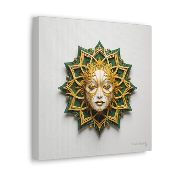Canvas Gallery Wrap Tribal Mask Mandala, Green and Gold - "Helio" - Image 6