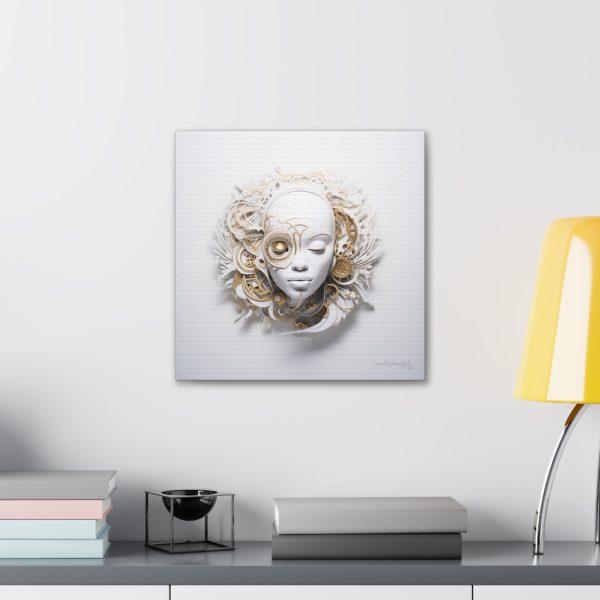 Canvas Gallery Wrap Tribal Mask Mandala, White and Gold - "Horology" - Image 12