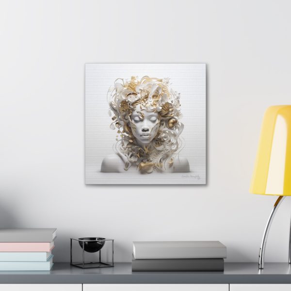Canvas Gallery Wrap Tribal Mask Mandala, White and Gold - "Anthousai" - Image 8