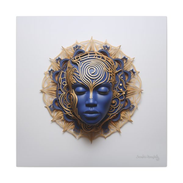 Canvas Gallery Wrap Tribal Mask Mandala, Blue and Gold - "Weaver" - Image 13