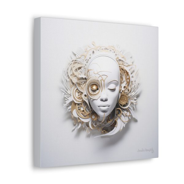 Canvas Gallery Wrap Tribal Mask Mandala, White and Gold - "Horology" - Image 6