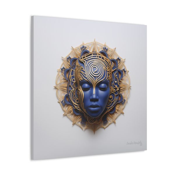 Canvas Gallery Wrap Tribal Mask Mandala, Blue and Gold - "Weaver" - Image 14