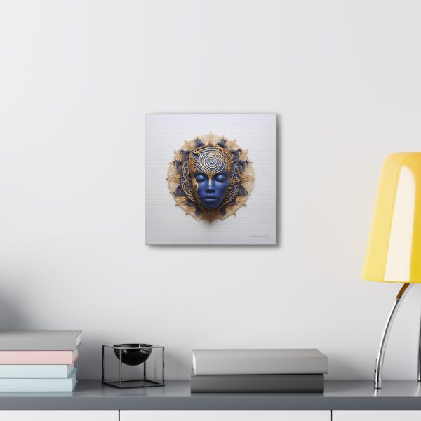 Canvas Gallery Wrap Tribal Mask Mandala, Blue and Gold - "Weaver" - Image 8
