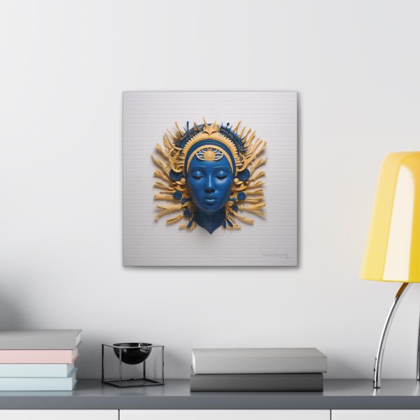 Canvas Gallery Wrap Tribal Mask Mandala, Blue and Gold - "Osseous" - Image 12