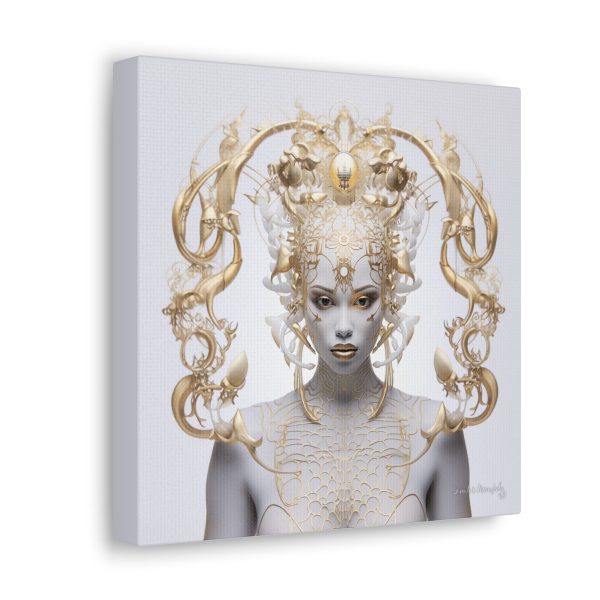 Canvas Gallery Wrap Tribal Mask Mandala, White and Gold - "Lustre" - Image 2