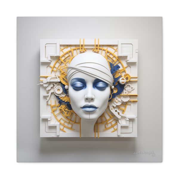 Canvas Gallery Wrap Tribal Mask Mandala, Blue and Gold - "Maze" - Image 21