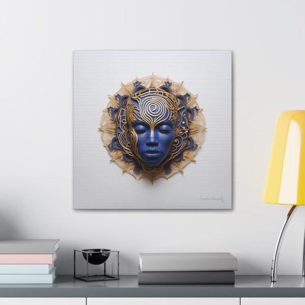 Canvas Gallery Wrap Tribal Mask Mandala, Blue and Gold - "Weaver" - Image 24