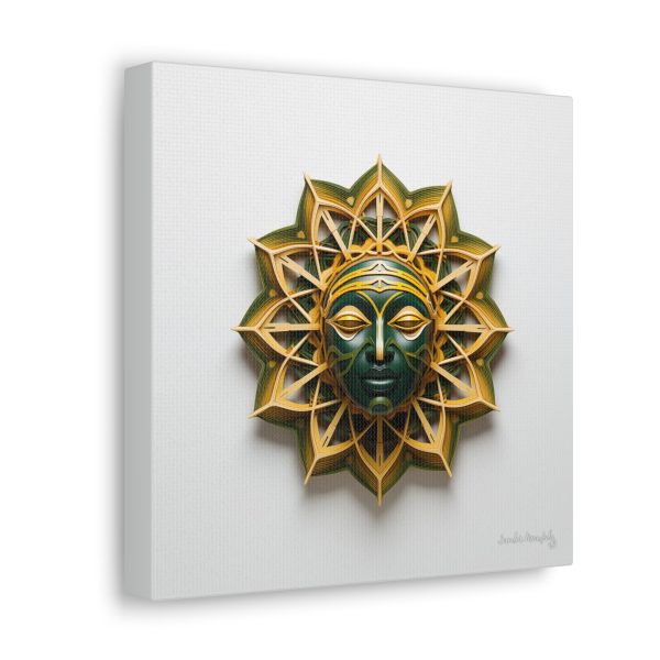 Canvas Gallery Wrap Tribal Mask Mandala, Green and Gold - "Sol" - Image 2