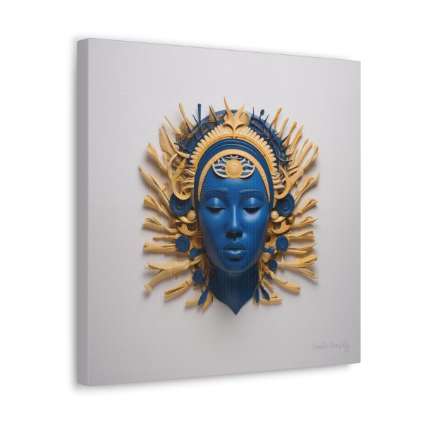 Canvas Gallery Wrap Tribal Mask Mandala, Blue and Gold - "Osseous" - Image 10