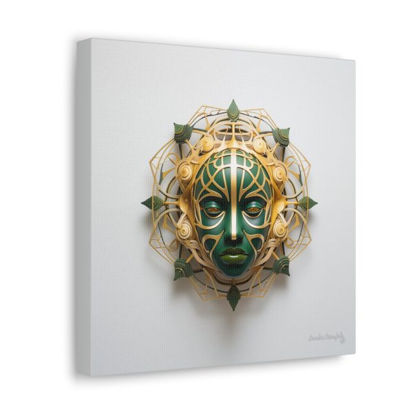 Canvas Gallery Wrap Tribal Mask Mandala, Green and Gold - "Fiber" - Image 6