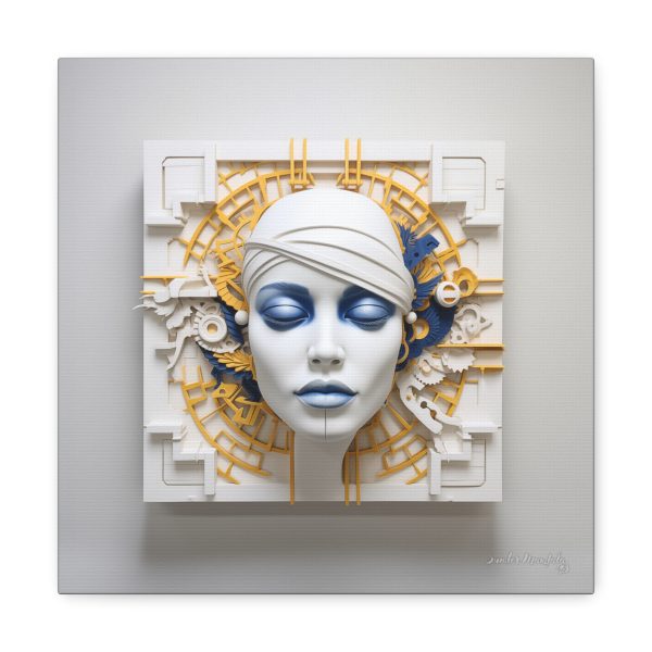Canvas Gallery Wrap Tribal Mask Mandala, Blue and Gold - "Maze" - Image 5