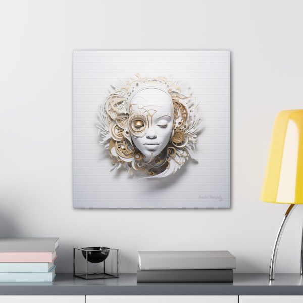Canvas Gallery Wrap Tribal Mask Mandala, White and Gold - "Horology" - Image 24