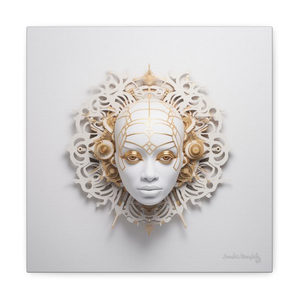 Canvas Gallery Wrap Tribal Mask Mandala, White and Gold - "Enigma" - Image 5