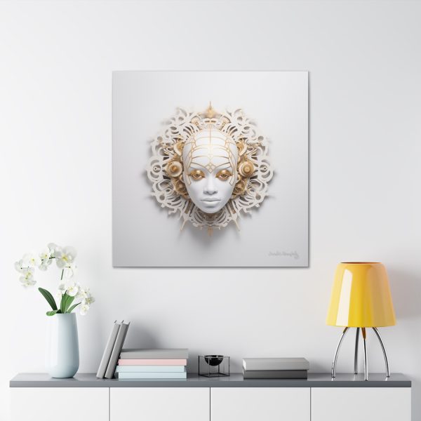 Canvas Gallery Wrap Tribal Mask Mandala, White and Gold - "Enigma" - Image 32