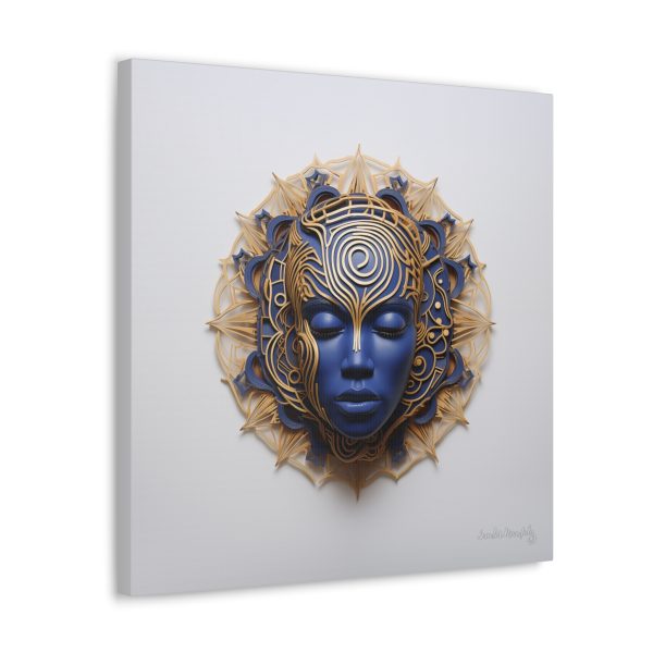 Canvas Gallery Wrap Tribal Mask Mandala, Blue and Gold - "Weaver" - Image 22