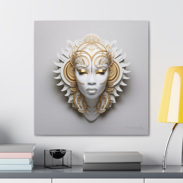 Canvas Gallery Wrap Tribal Mask Mandala, White and Gold - "Ember" - Image 28