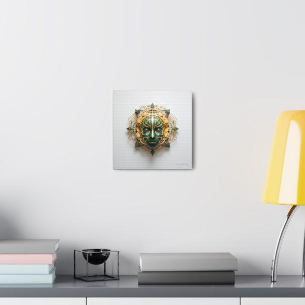 Canvas Gallery Wrap Tribal Mask Mandala, Green and Gold - "Fiber" - Image 4