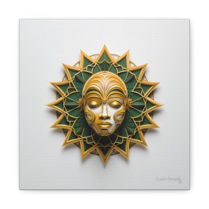 Canvas Gallery Wrap Tribal Mask Mandala, Green and Gold - "Sunlight"