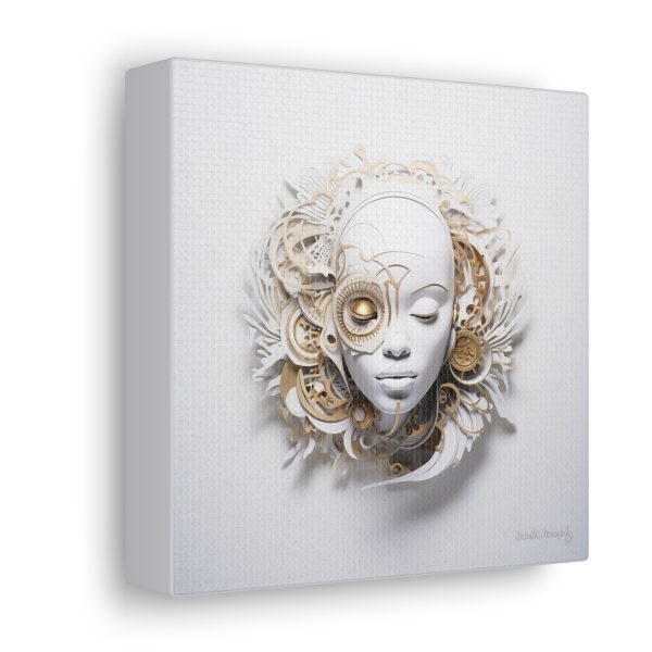 Canvas Gallery Wrap Tribal Mask Mandala, White and Gold - "Horology" - Image 18