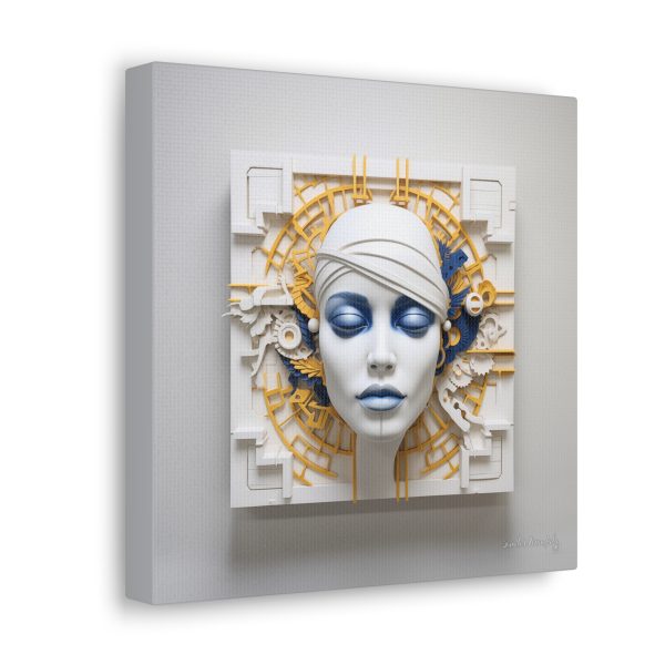 Canvas Gallery Wrap Tribal Mask Mandala, Blue and Gold - "Maze" - Image 2