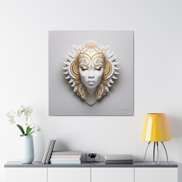 Canvas Gallery Wrap Tribal Mask Mandala, White and Gold - "Ember" - Image 32