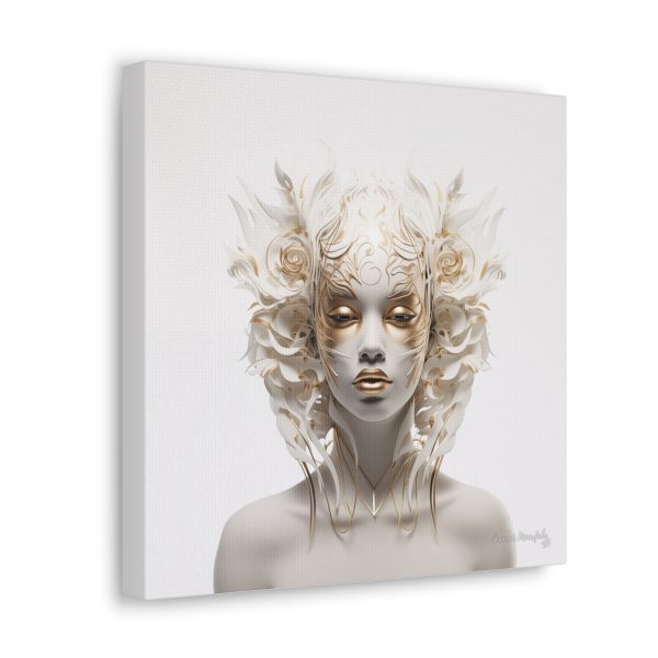 Canvas Gallery Wrap Tribal Mask Mandala, White and Gold - "Masquerade" - Image 6