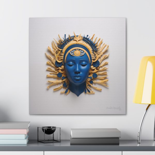 Canvas Gallery Wrap Tribal Mask Mandala, Blue and Gold - "Osseous" - Image 28