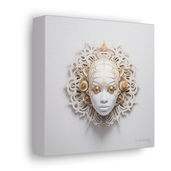 Canvas Gallery Wrap Tribal Mask Mandala, White and Gold - "Enigma" - Image 18