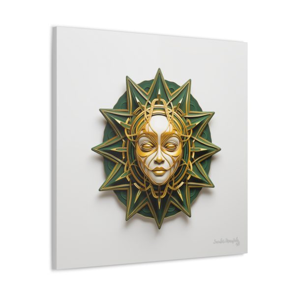 Canvas Gallery Wrap Tribal Mask Mandala, Green and Gold - "Ray" - Image 14